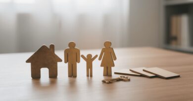Wooden family figures and house with keys on table