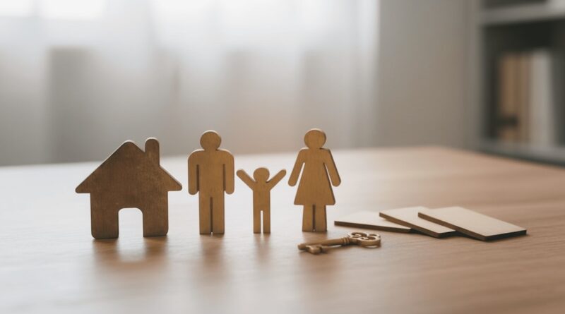 Wooden family figures and house with keys on table